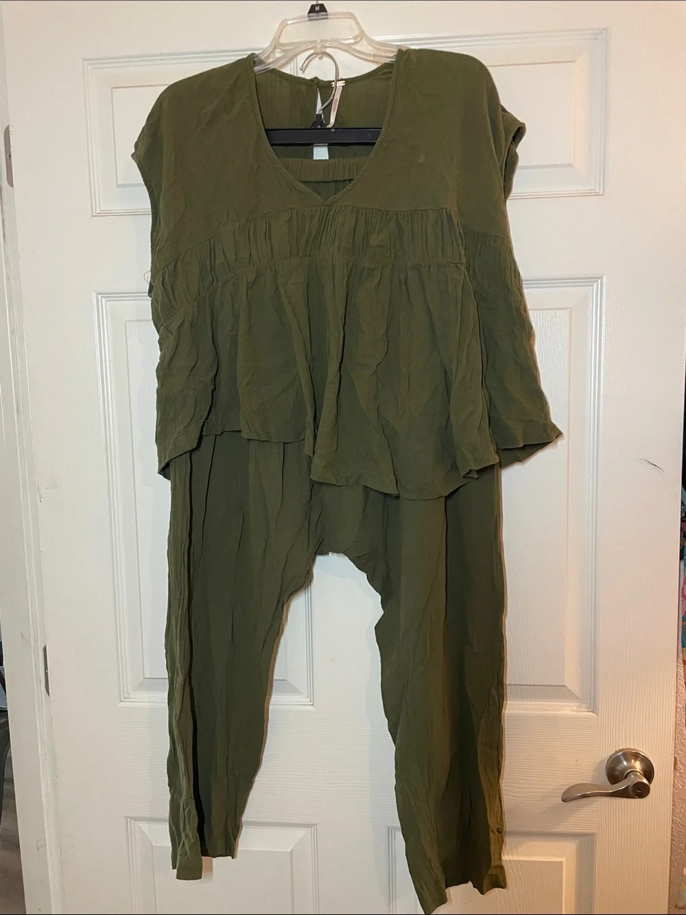 Free People Olive Green Layered V-Neck harem pants outfit - Picture 1 of 6